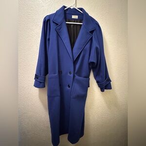 vintage royal blue Wool Long Coat, Fashions By Jill Jr, Made in USA.